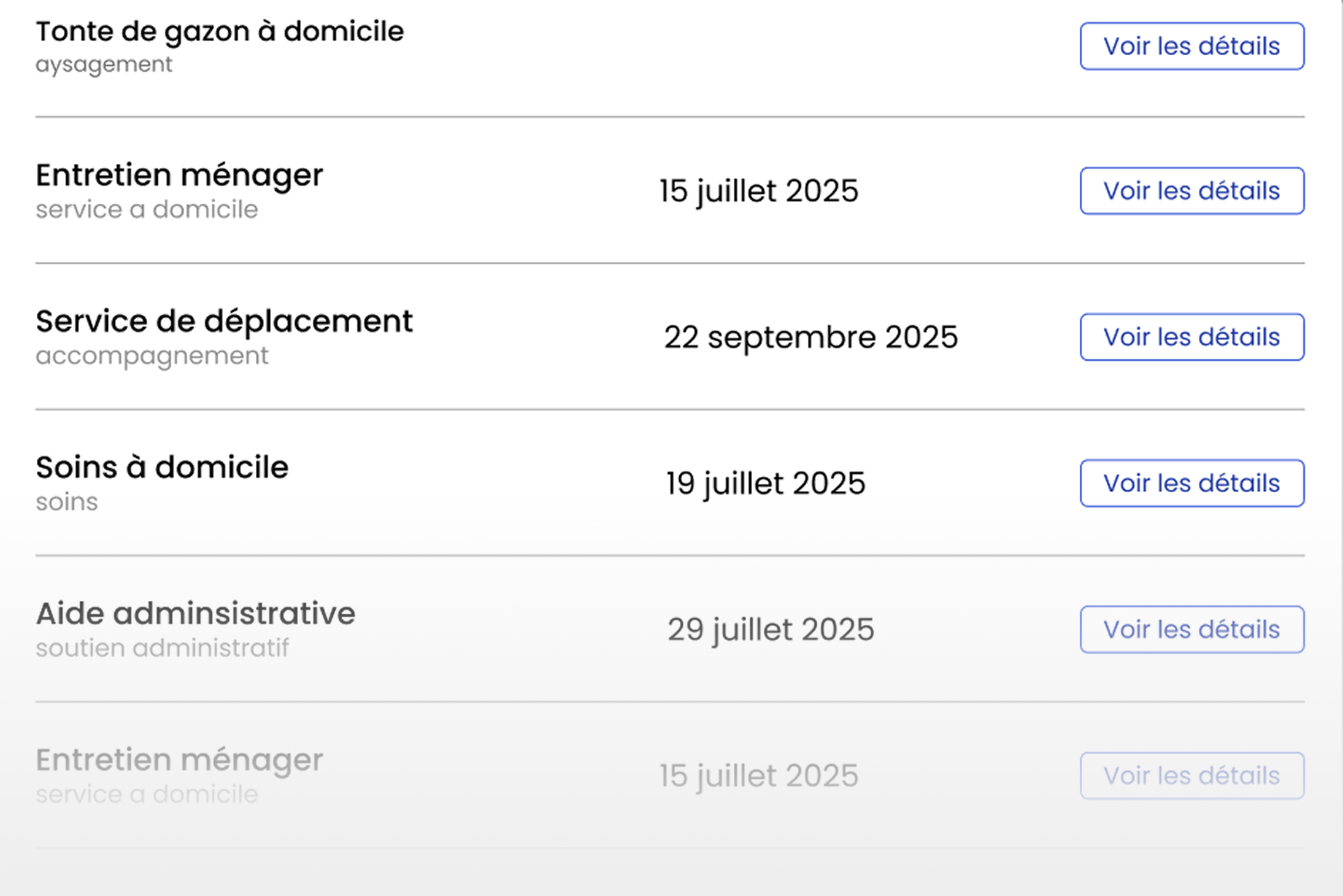 Aperçu de l’application Aida affichant la liste des tâches avec le nom de la job, date et un bouton de détails