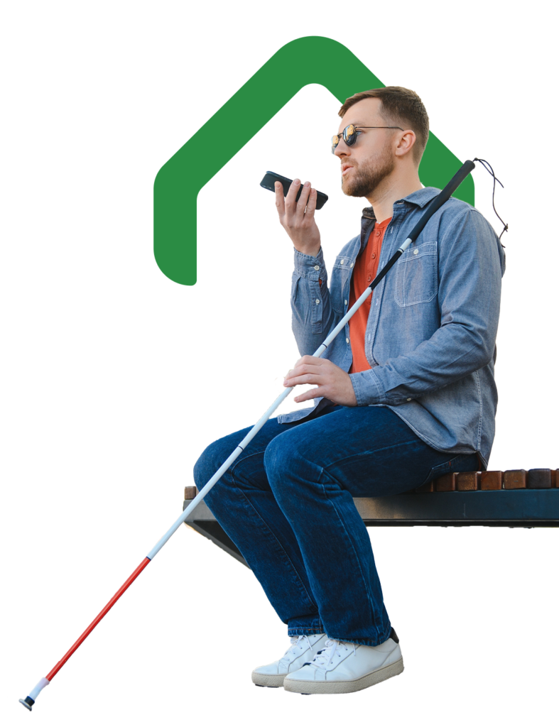 Un jeune homme malvoyant assis sur un banc en extérieur et parlant au téléphone, avec le logo AIDA en arrière-plan.