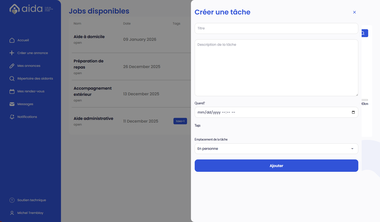 Aperçu de l’application Aida affichant le popup de création de nouvelle tâche pour demander de l'aide