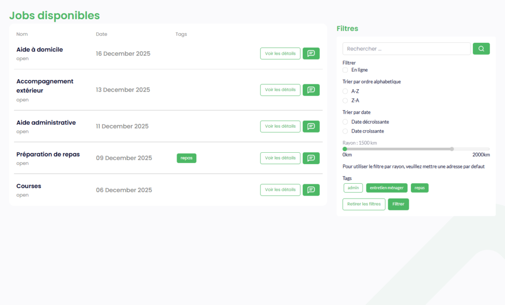 Aperçu de l’application AIDA affichant la page des jobs disponibles du membre sous forme de liste avec les filtres de recherche.