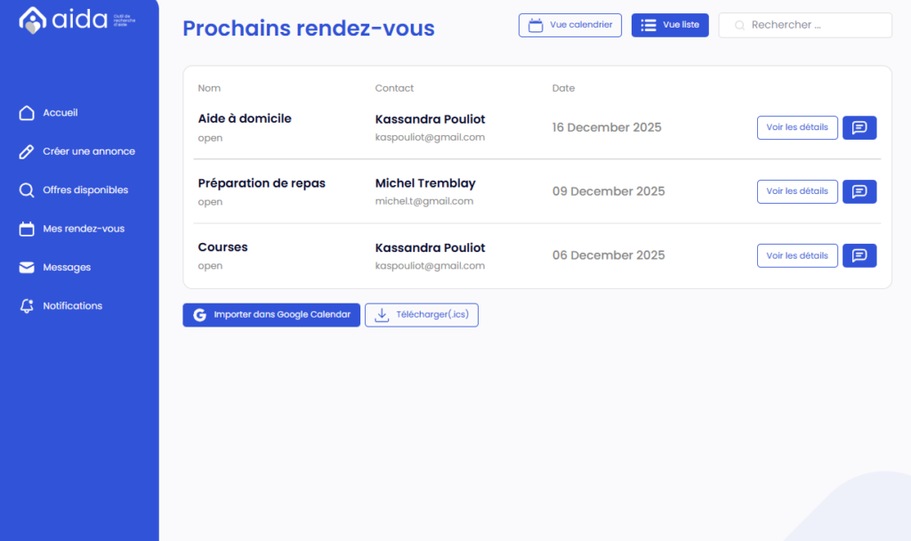 Aperçu de l’application AIDA affichant la page des prochains rendez-vous du membre sous forme de liste.