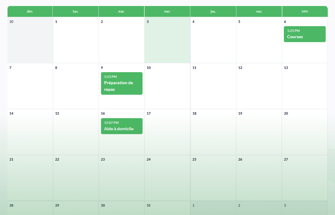 Aperçu de l’application Aida affichant la page des rendez-vous du membre sous forme de calendrier.
